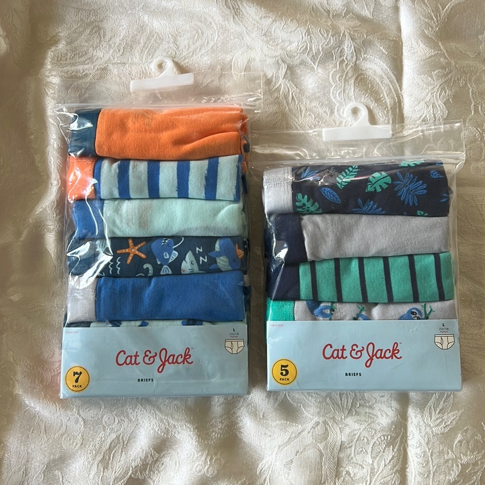 Cat & Jack | Size 12-14 (L) Boys Briefs | 1 set of 7 Sea-life, 1 set of 5 Sloths